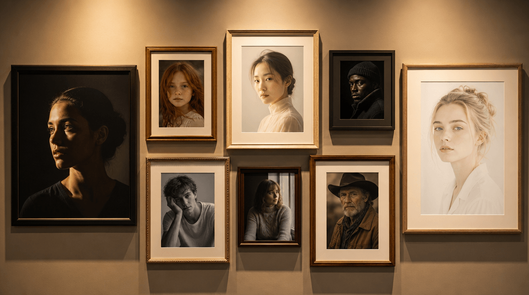 A gallery wall of framed photographic portraits, each in a distinct lighting style — dramatic side-lit, soft diffused, h