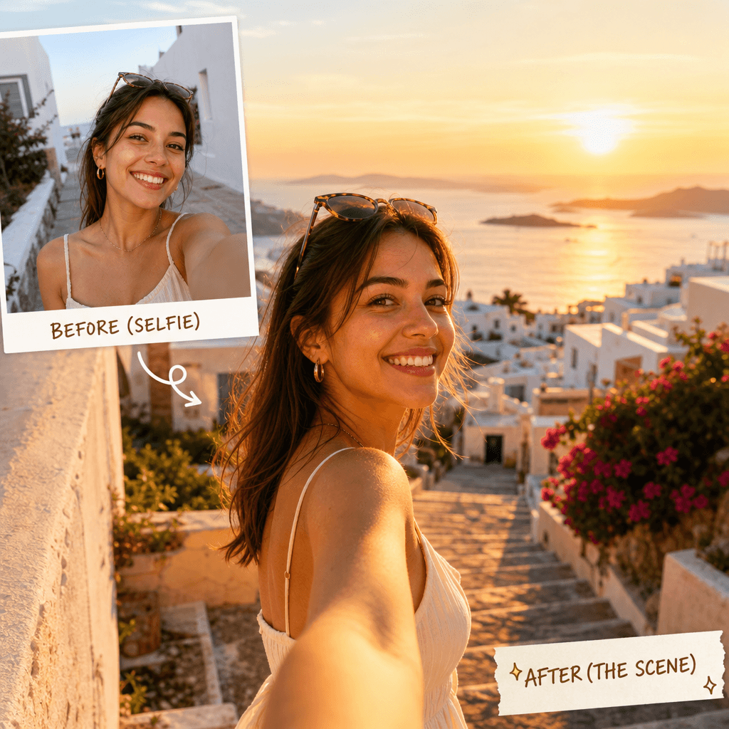A vibrant lifestyle photo of a person enjoying a sunny day outdoors, showcasing the transformation from a selfie to a be