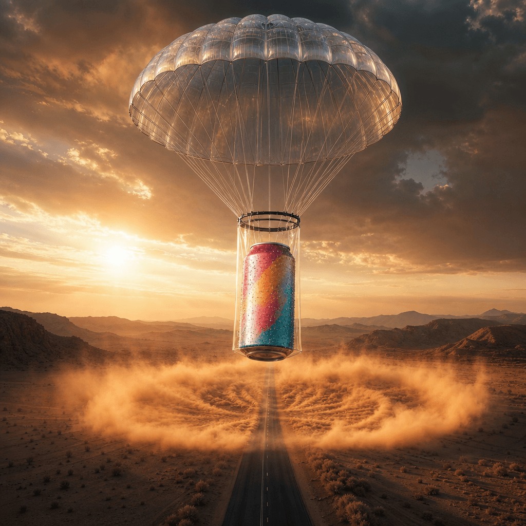 A colorful beverage can descending inside a transparent cargo parachute toward a dramatic desert road, with dust expandi