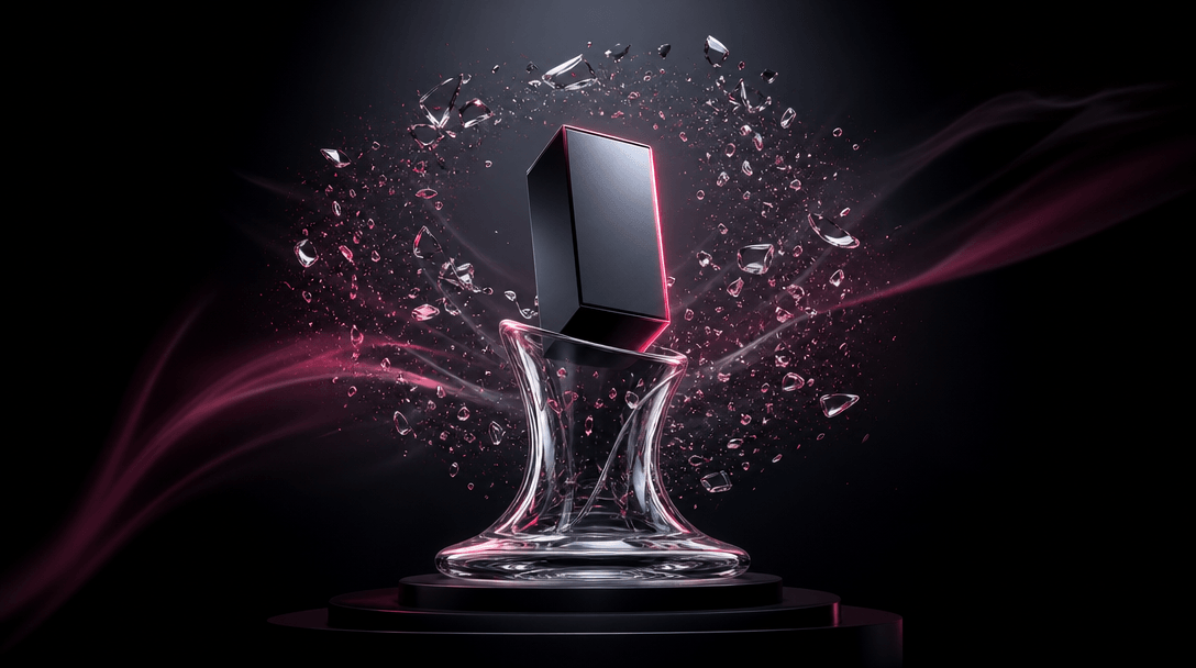 A transparent glass vessel on a dark pedestal with a single premium package rising through its opening, surrounded by a 
