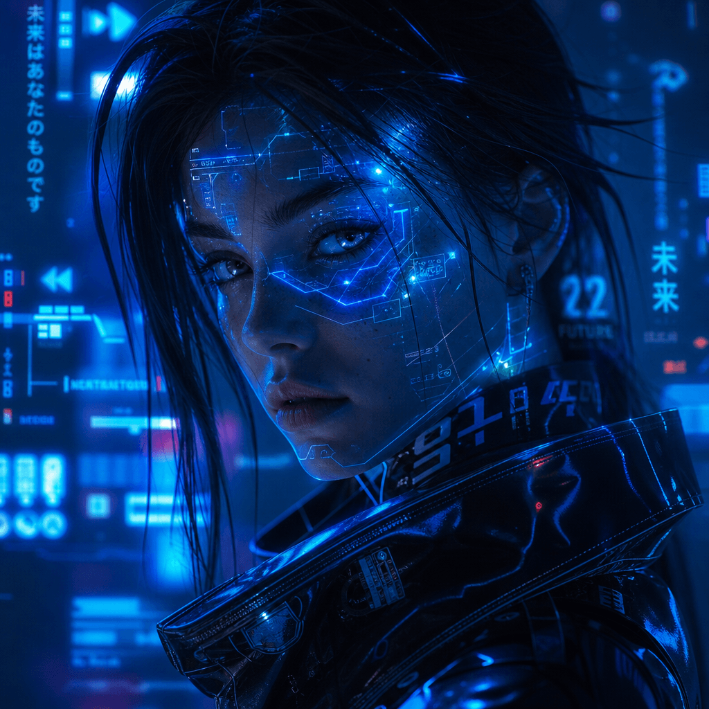 Cyberpunk figure with intense neon blue glow and holographic facial effects, digital tech overlays, futuristic aesthetic