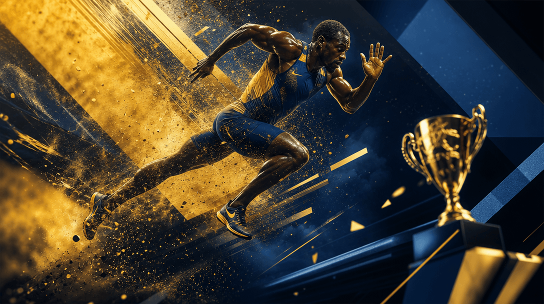 Abstract athletic performance and achievement composition expressing dynamism. Energetic warm gold and deep blue tones s
