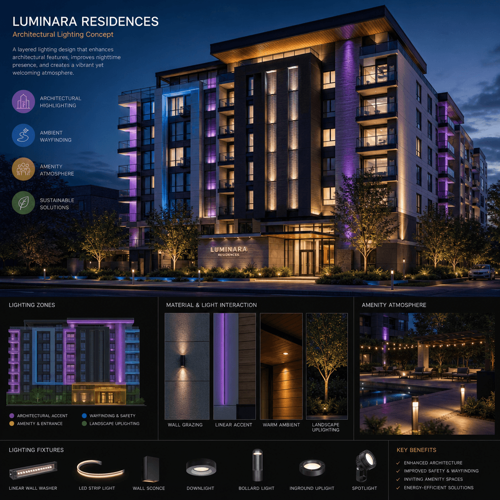 Residential building facade with multi-color accent lighting design, modern architectural lighting concept, professional