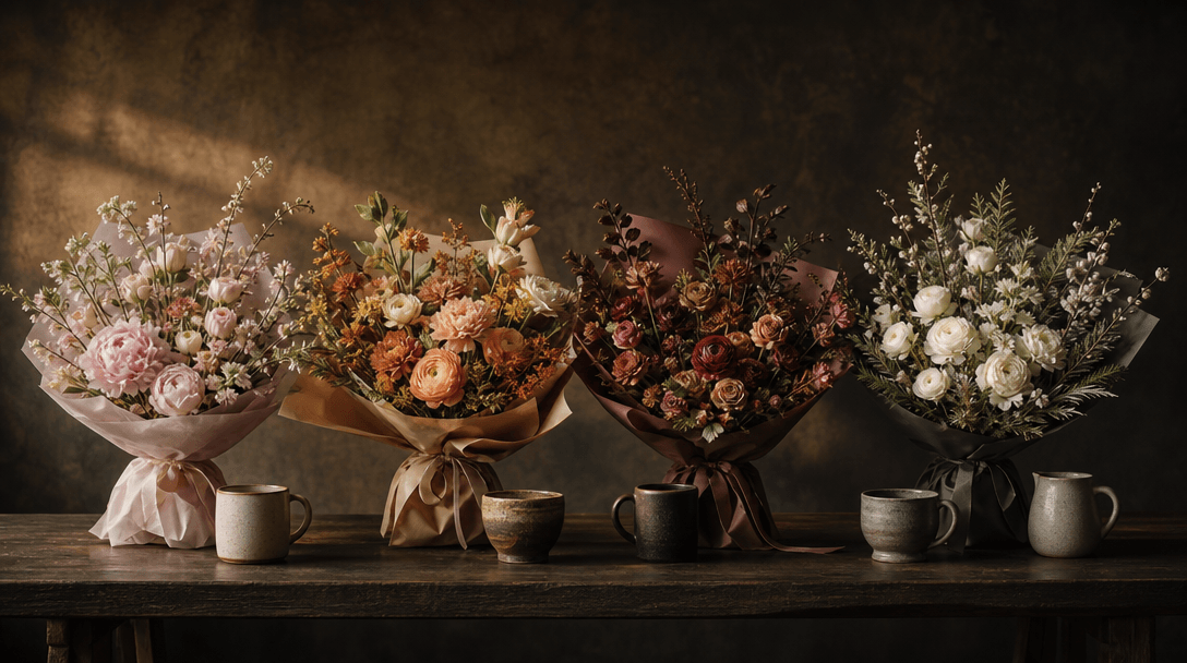 Four coordinated bouquets in seasonal palettes arranged across a long shadowed table, each paired with distinct ceramic 