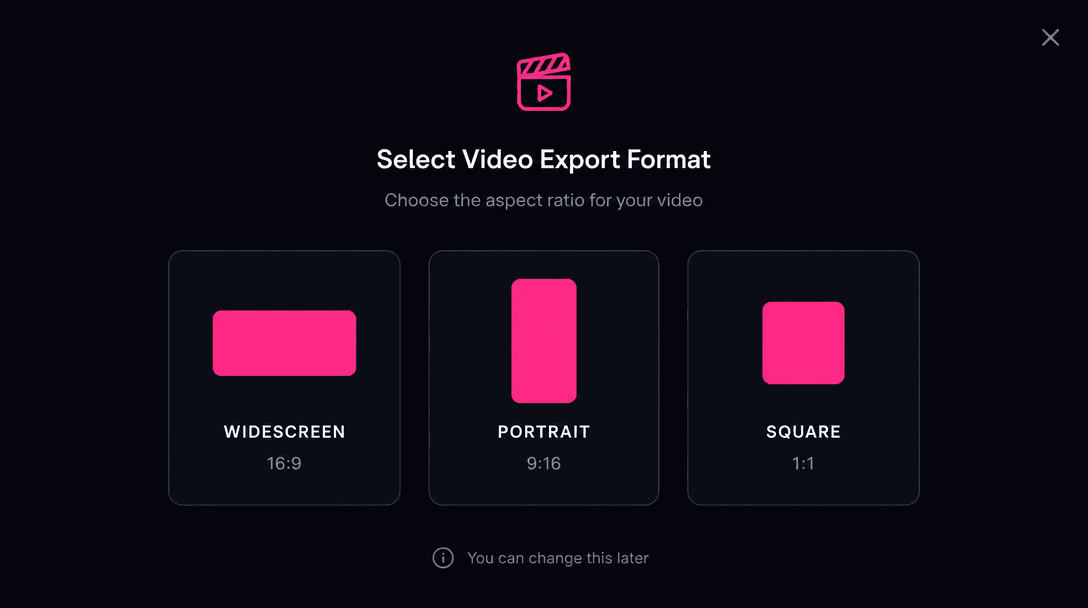 Video export format selector with dark background near #0A0A0F. Hot pink #FE28A7 buttons for 16:9, 9:16, 1:1 ratios, min