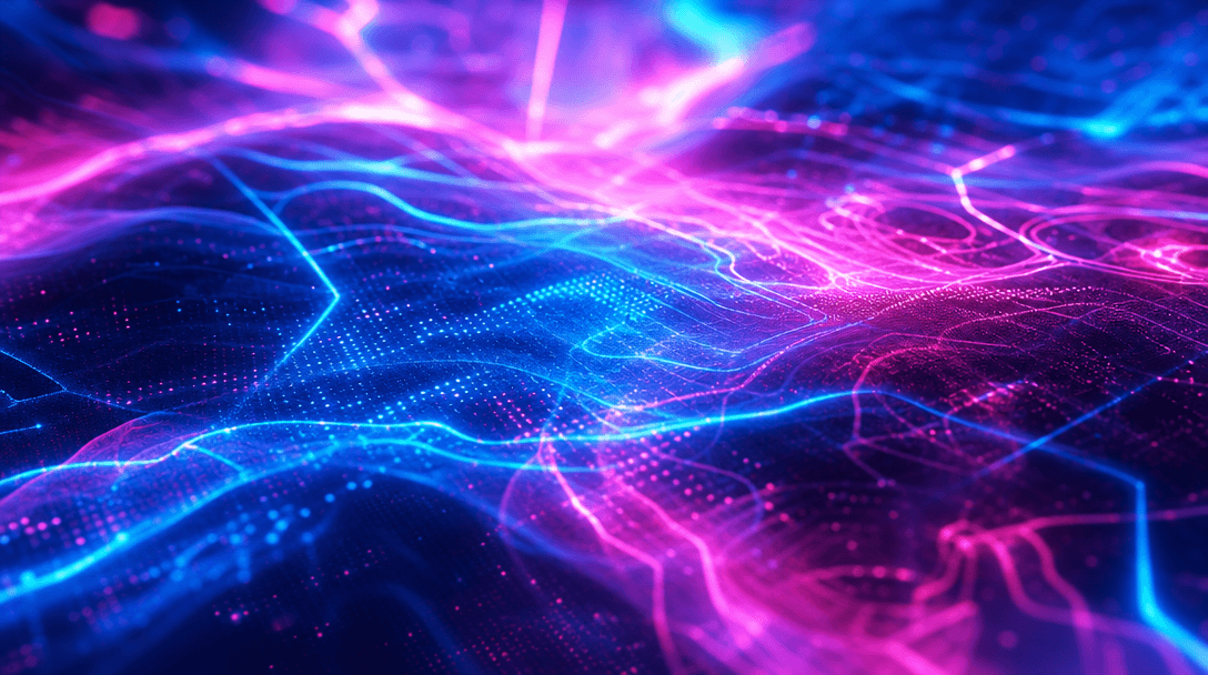 Abstract neon light patterns and glowing plasma textures, electric blue and hot pink color gradients, digital holographi