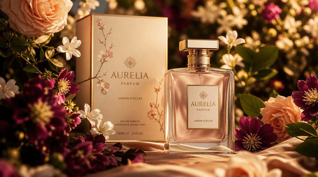 Professional luxury product photograph in premium editorial style, surrounded by flowing floral elements and artistic ar