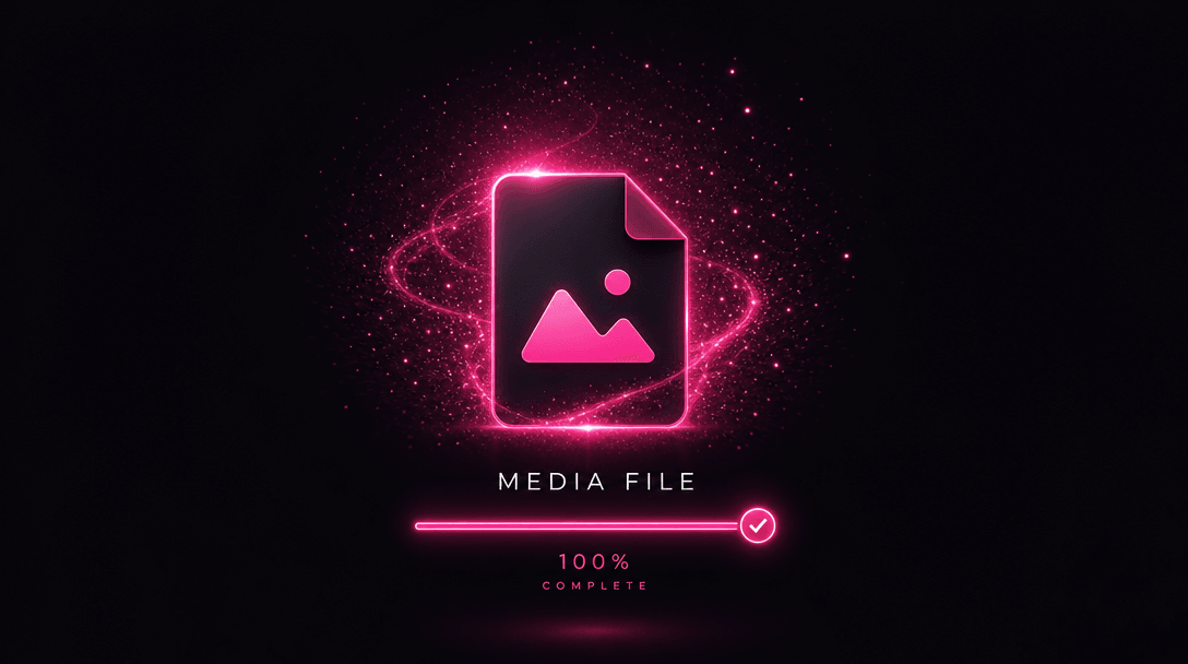 Media file icon appearing with elegant particle effects and loading animation glowing with hot pink accent (#FE28A7) on 