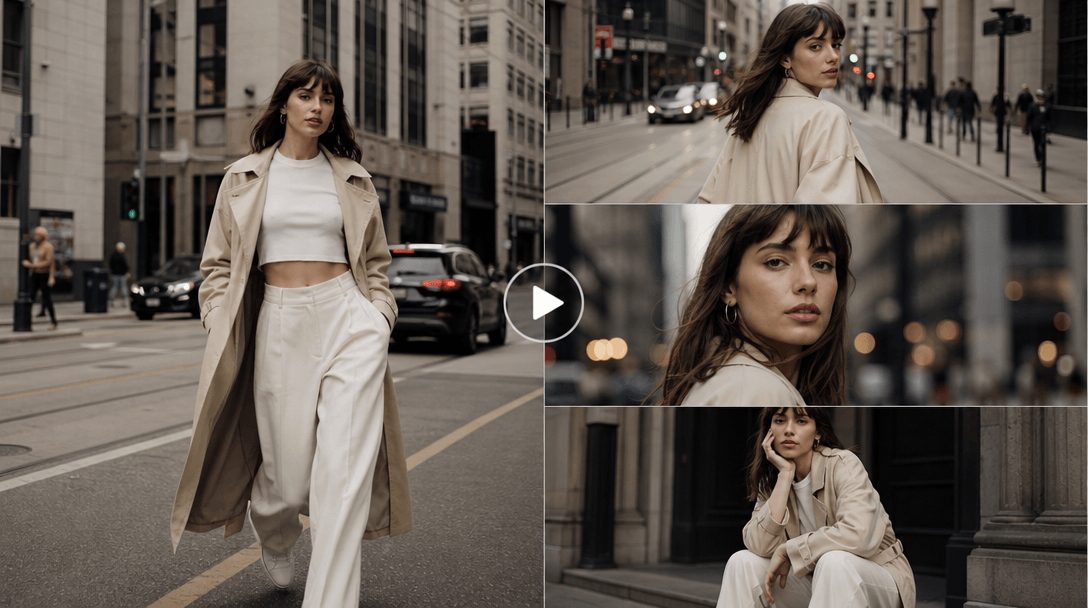 Dynamic street-style video sequence. Figure in outfit moving through urban setting. Subtle camera motion, professional f