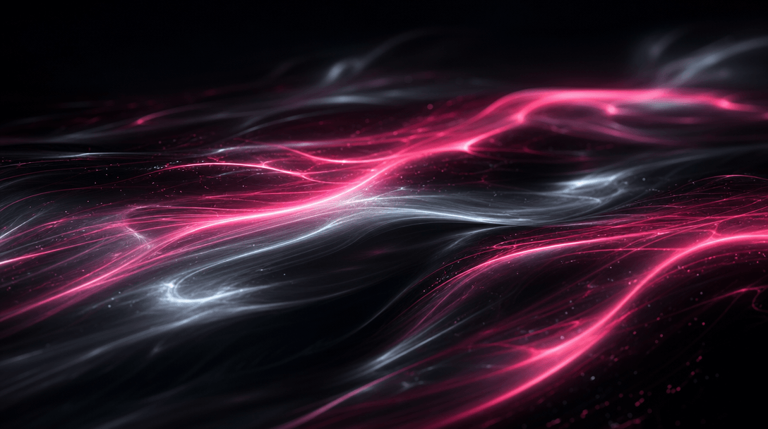 Abstract atmospheric concept: smooth near-black surface with soft holographic light trails — hot pink and electric off-w