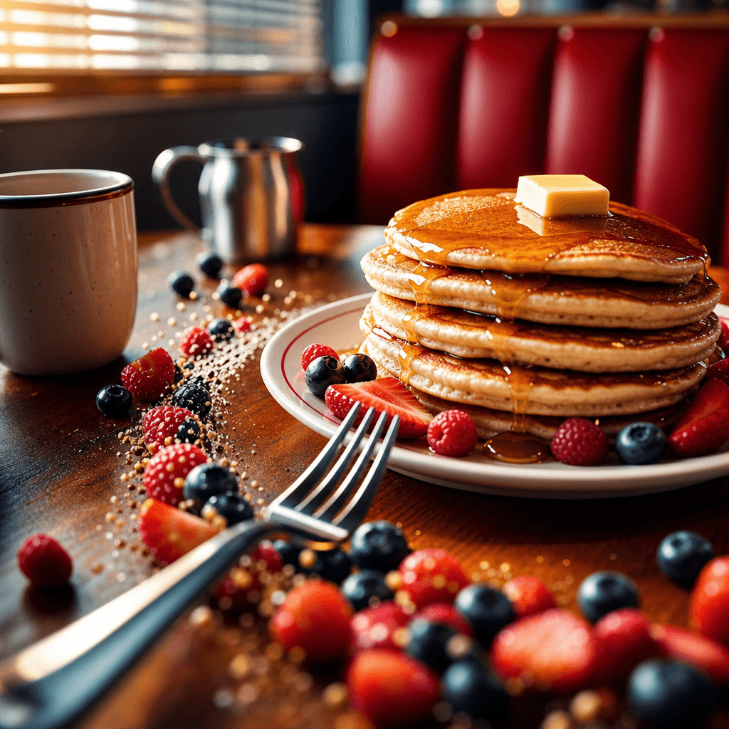 A silver fork traveling through a vibrant casual diner table toward a stack of golden pancakes with melting butter and m
