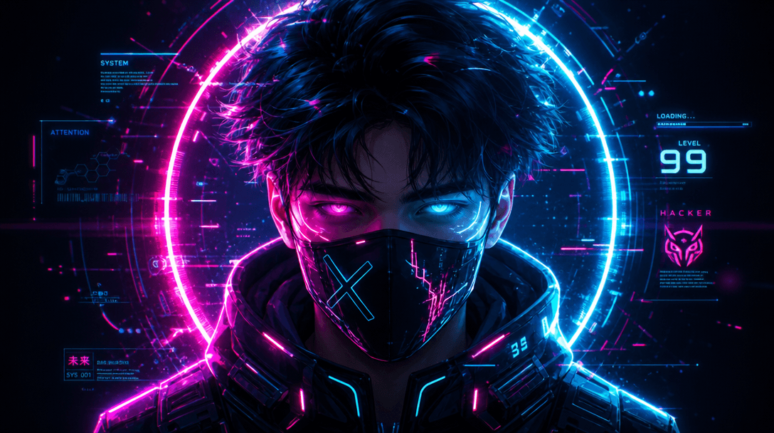 Finished cyberpunk portrait with full neon effects and holographic styling glowing against dark background, sci-fi profe