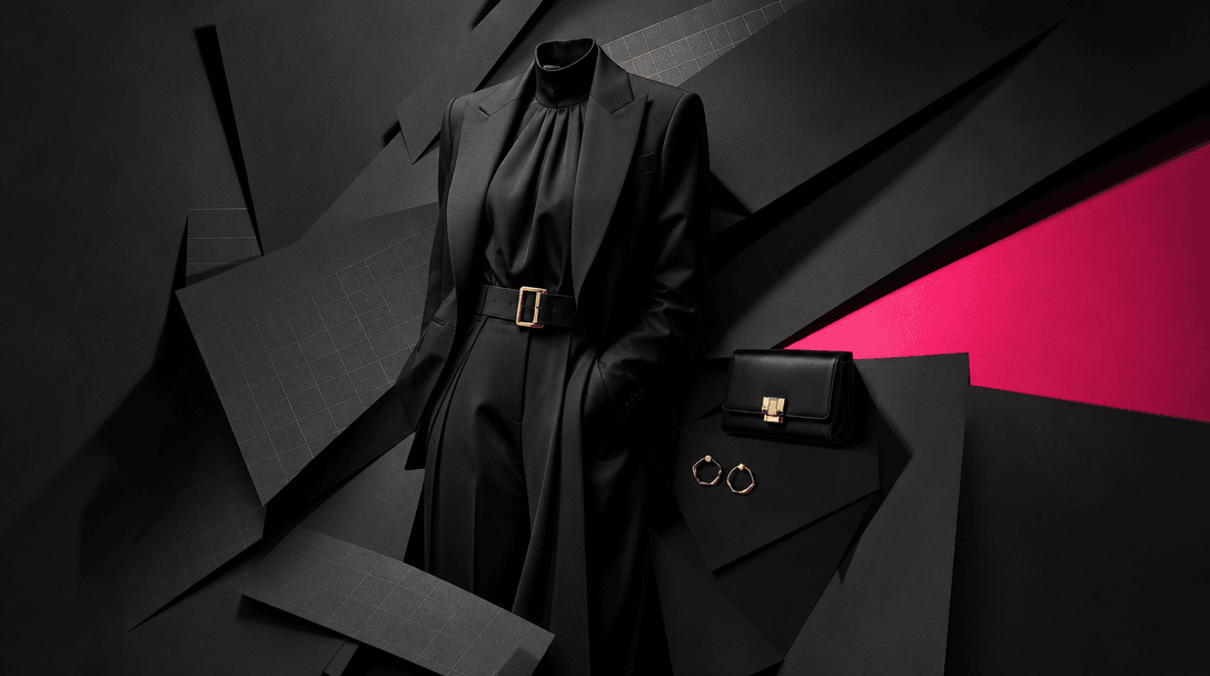 A single statement outfit emerging from layered black paper calendar grids, with tailored fabric, polished accessories, 