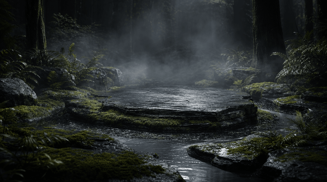A wide cinematic landscape where a dark forest floor transitions into a polished product stage made from wet stone and m