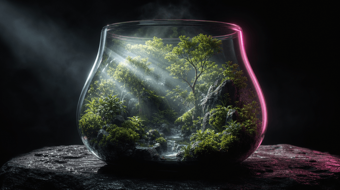 Abstract atmospheric editorial: a lush miniature forest scene contained inside a glass terrarium resting on dark granite