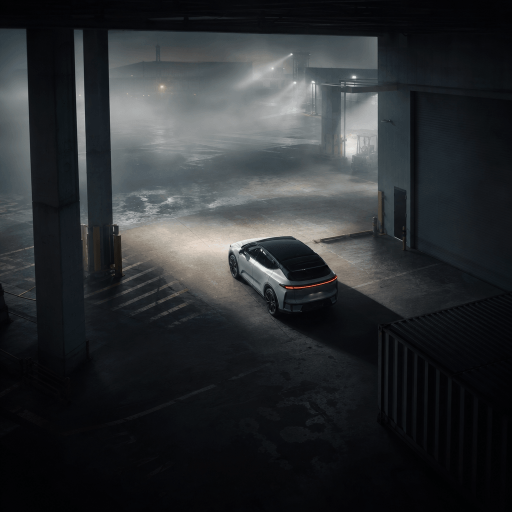 Fixed CCTV perspective over a quiet industrial loading bay at dawn, a compact electric vehicle framed between concrete c