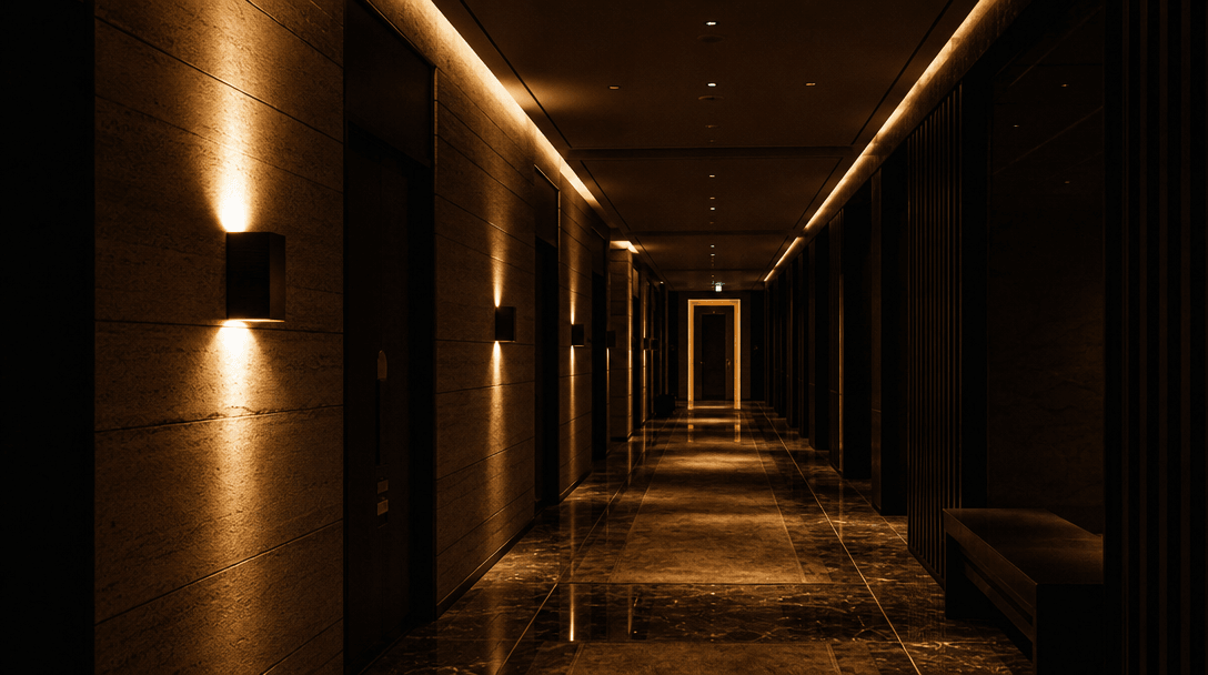 Cinematic wide-angle view of a luxury hotel suite corridor at night. Wall sconces cast warm amber pools on textured lime
