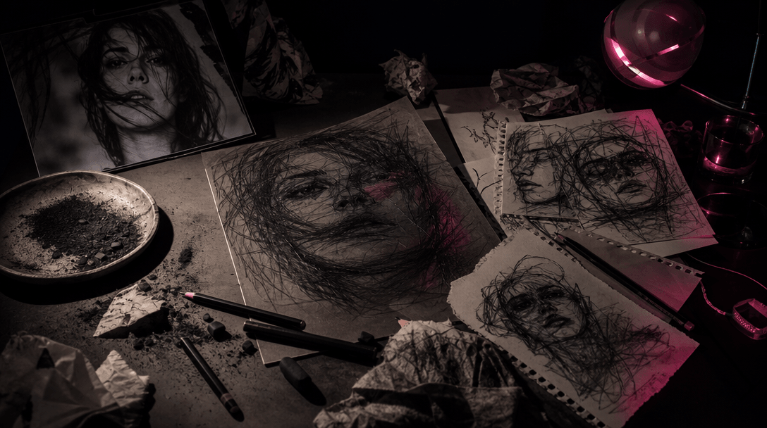 A carefully arranged artist's table containing one source photograph, graphite pencils, charcoal dust, torn paper, and s
