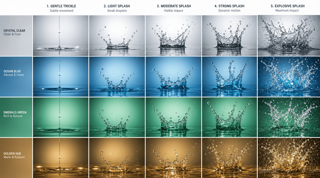 Different splash intensity variations displayed side by side - gentle trickle to explosive splash - with various water c