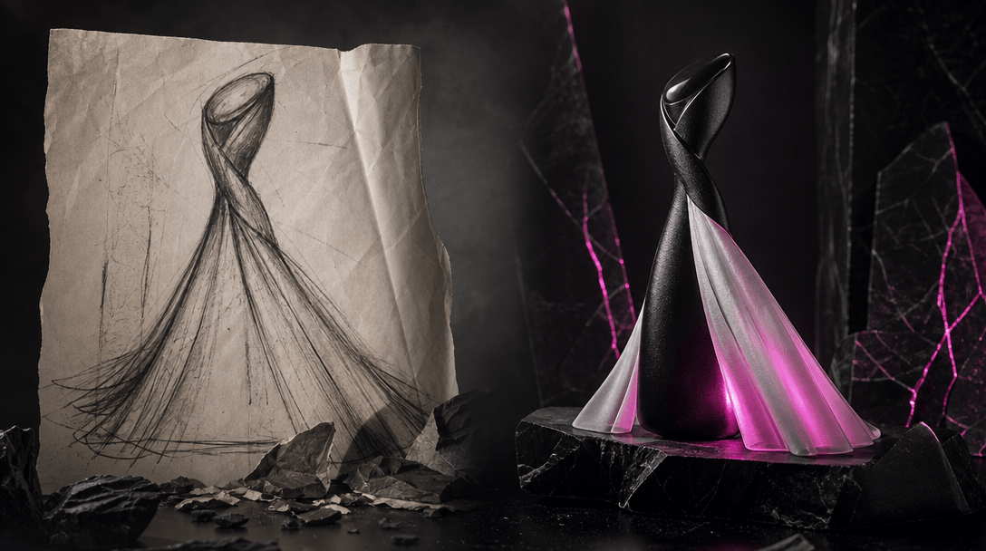 A rough physical sketch made from paper and charcoal transitioning into a polished commercial product stage of black sto