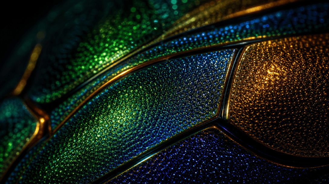 An extreme macro close-up study of iridescent beetle carapace plates — emerald, sapphire, and deep gold facets refractin