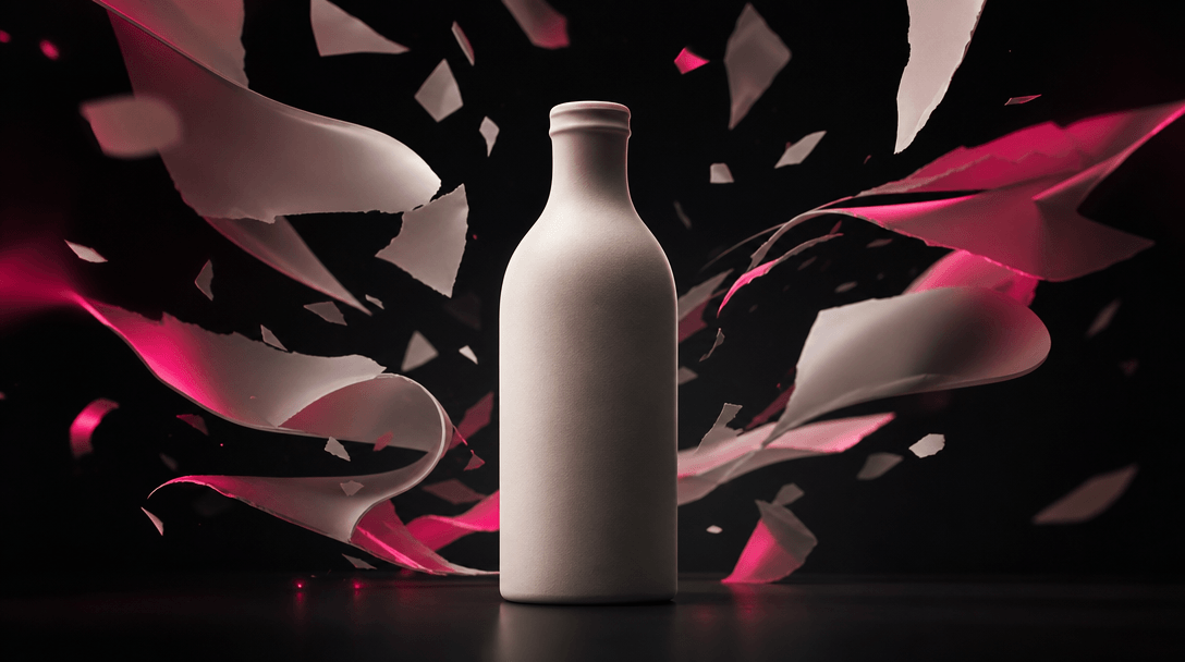 A single pristine product silhouette represented by an unbranded ceramic bottle on a seamless black studio surface, surr