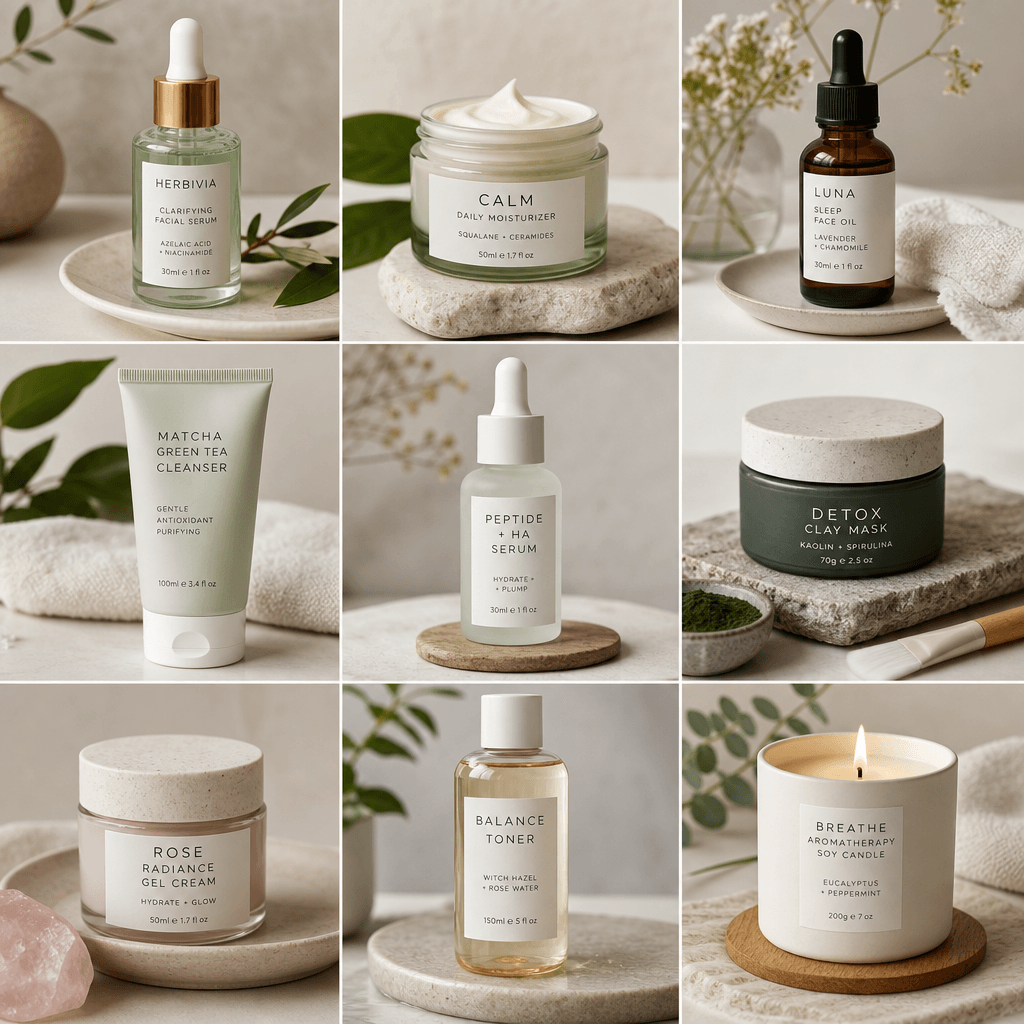 Nine skincare and wellness products arranged in tic-tac-toe grid, serums, creams, masks displayed with soft natural ligh