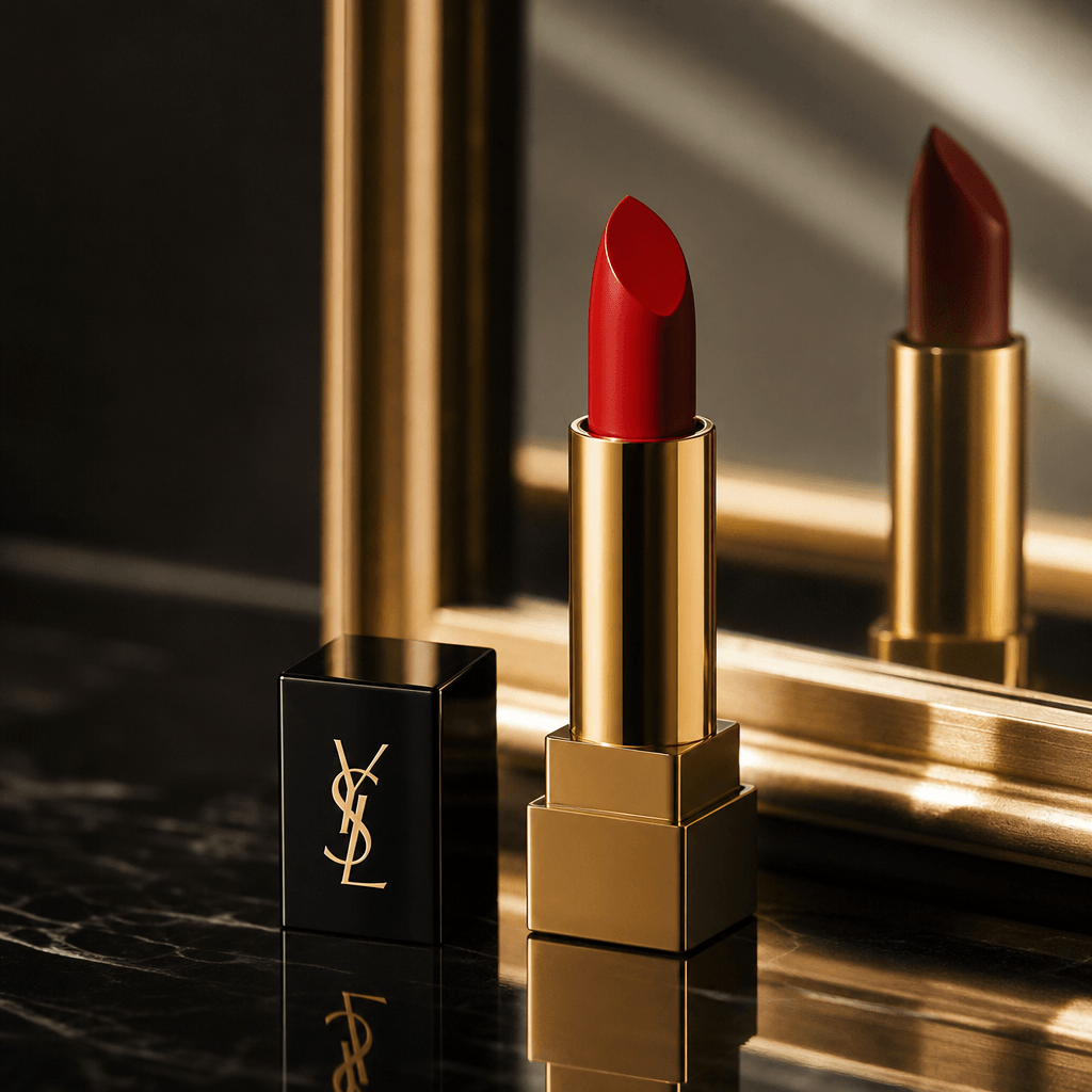 Red lipstick tube next to mirror with dramatic light reflections, luxury beauty brand photography, professional product 
