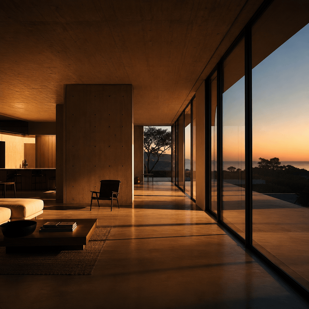 Modernist interior architecture at dusk: warm interior light spilling through floor-to-ceiling windows, long horizontal 