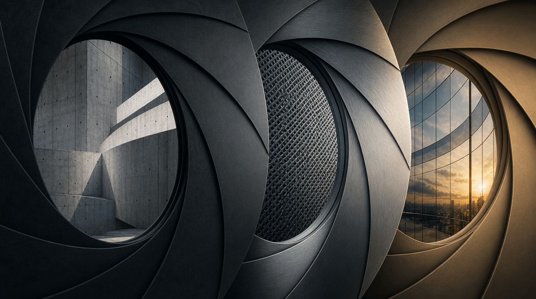 Wide abstract editorial image of layered aperture rings dissolving into each other, each framing a different architectur