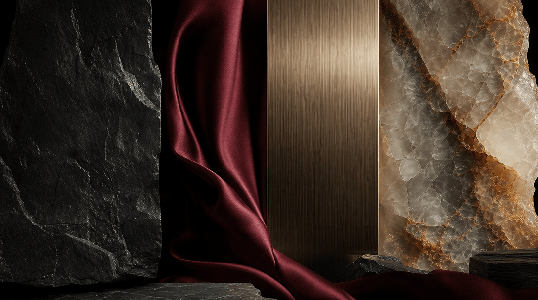 A collection of black stone, burgundy silk, brushed metal, and translucent mineral surfaces aligned as one coherent luxu