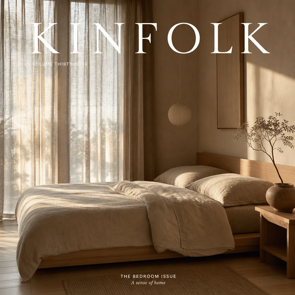 Serene minimalist bedroom with soft linen curtains in warm taupe, morning light filtering through fabric, platform bed w