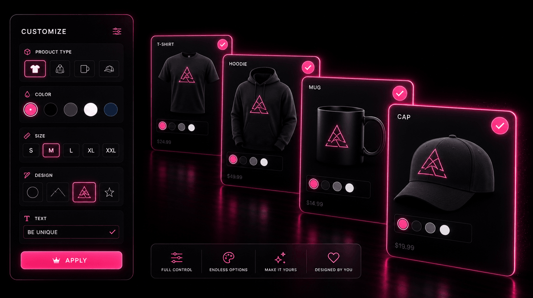 Multiple product icons arranged in a cascading pattern, each glowing with selection indicators, representing customizati