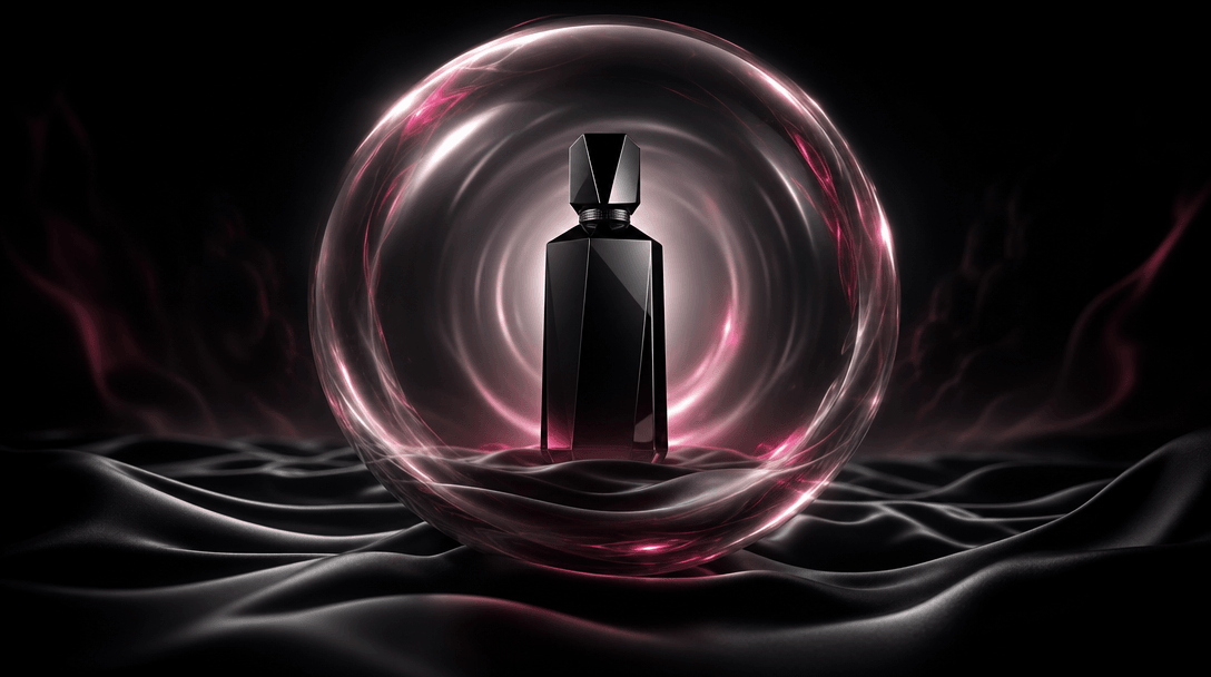 A single polished product silhouette enclosed inside a vast translucent dream bubble hovering over black satin terrain. 