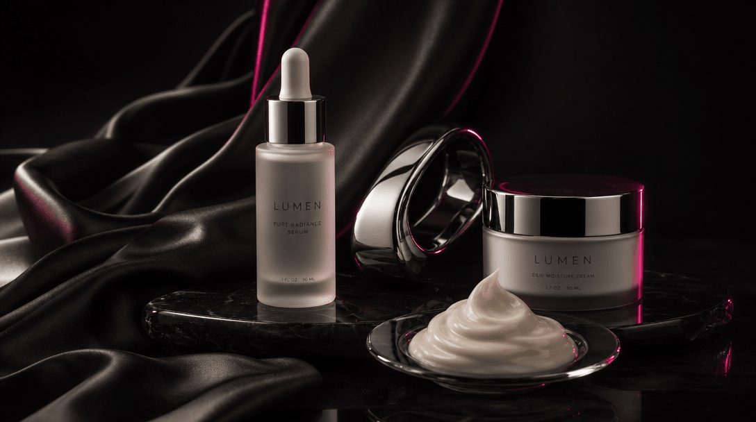 A coordinated material study of satin, frosted glass, polished chrome, and creamy cosmetic texture sharing one consisten