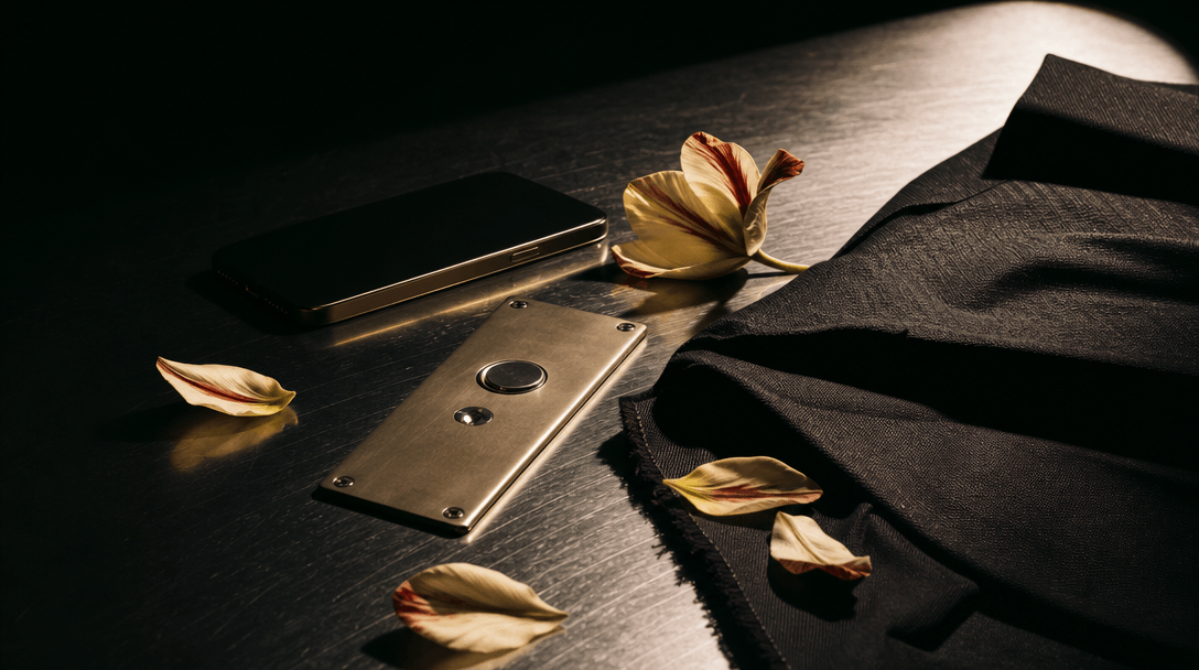 A cinematic still-life suggesting an ordinary moment becoming a fashion campaign: a smartphone, polished metal elevator 