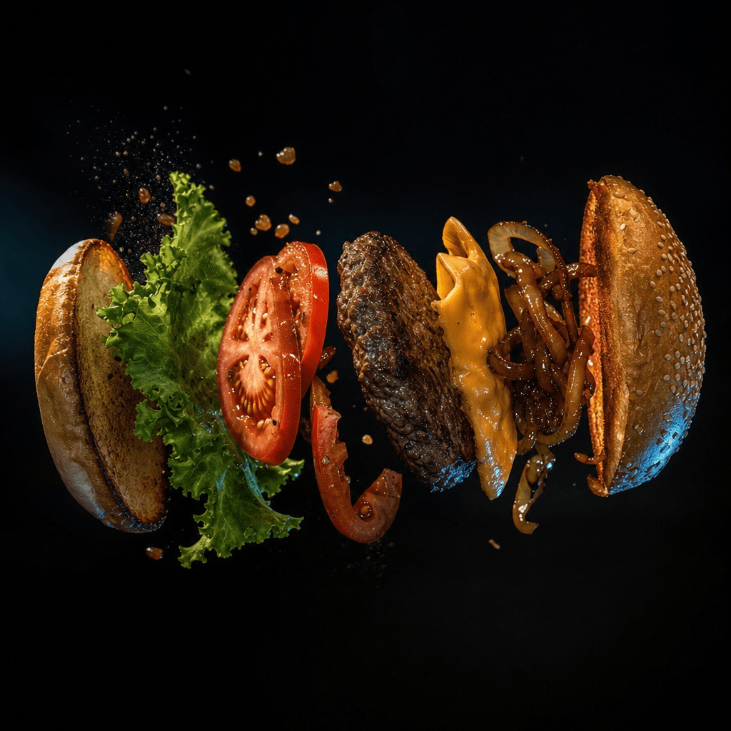 Side-angle cinematic food photograph: a gourmet artisan burger with patty, caramelized onions, lettuce, tomato, and chee