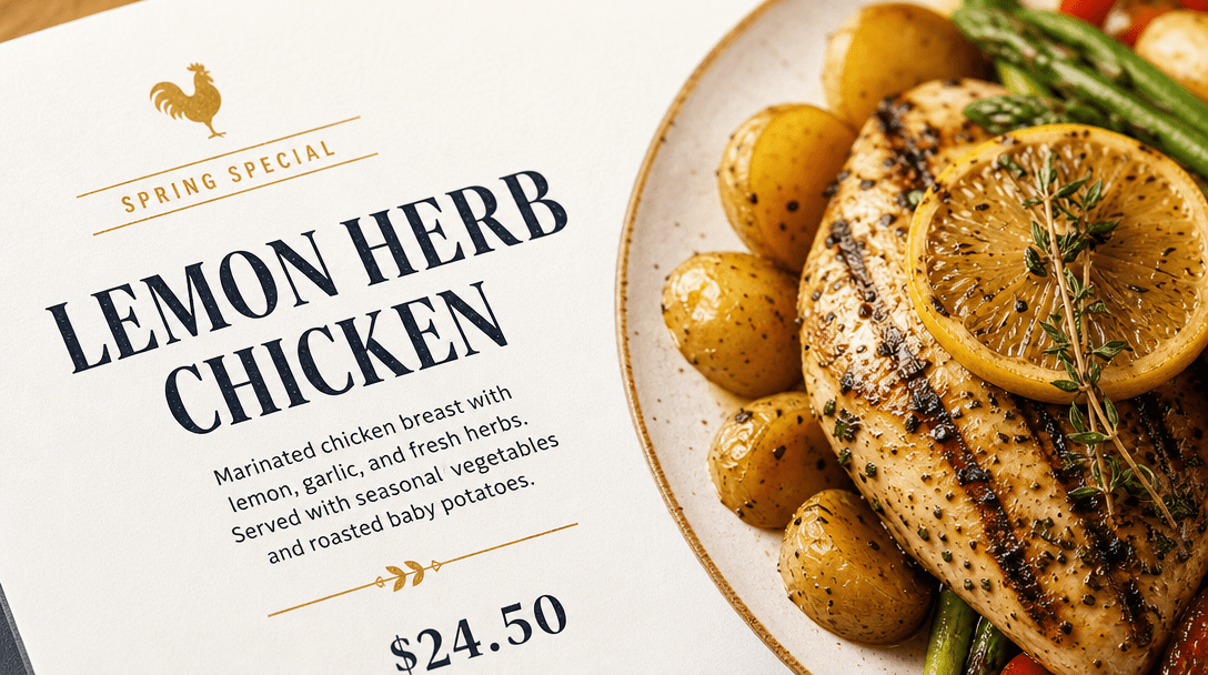 Close-up of high-resolution printed menu or marketing material, sharp typography, perfect color reproduction, profession