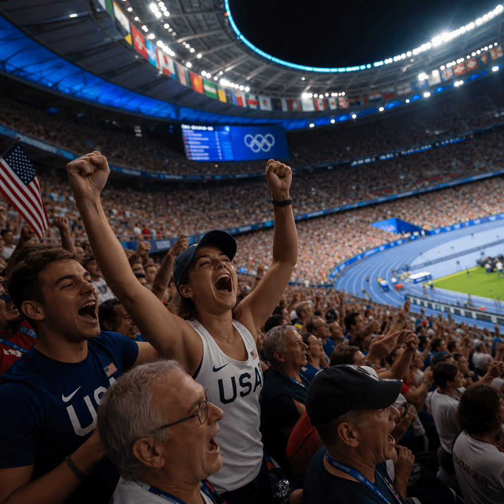 Olympic stadium crowd during competition, audience energy visible, dramatic lighting from stadium fixtures, professional