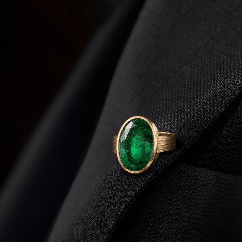 Macro editorial close-up of an oval emerald ring resting on the lapel of a charcoal blazer. Deep dark background, soft d