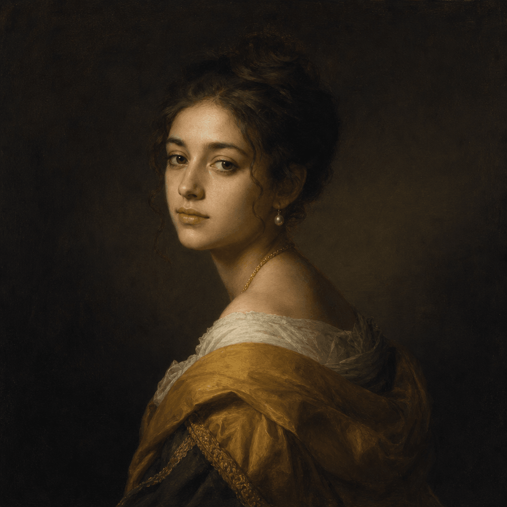 Classical portrait in the style of Old Masters with delicate brushwork, muted sophisticated color palette, dark backgrou