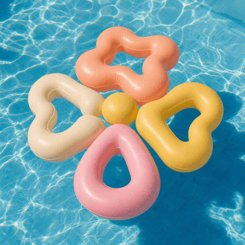 A playful abstract flower-shaped emblem transformed into pastel inflatable balloons in a sunlit hotel pool. Peach, cream
