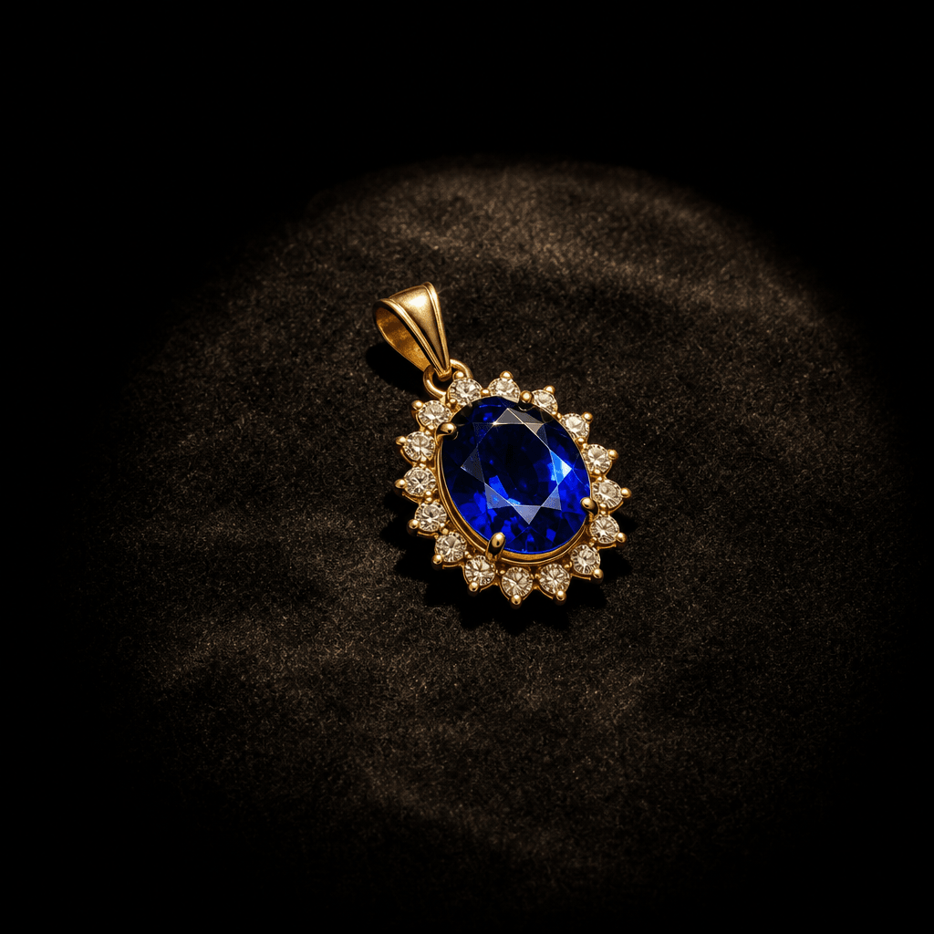 A gold and deep blue sapphire pendant resting on dark black velvet, lit by a single focused overhead spotlight creating 