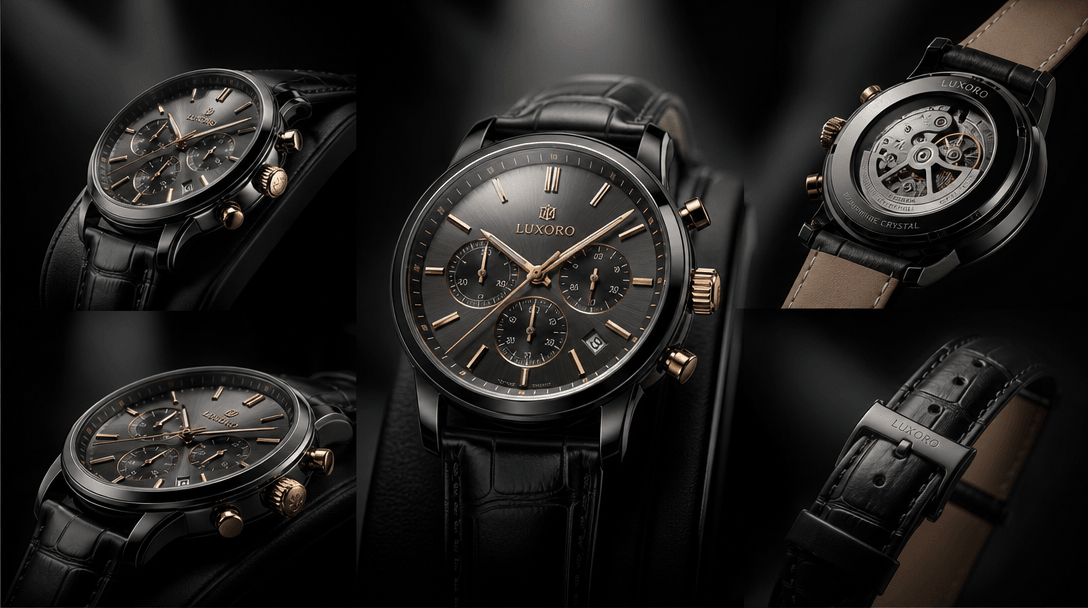 Luxury product displayed from multiple dramatic professional angles simultaneously, studio lighting intensifying, dark b