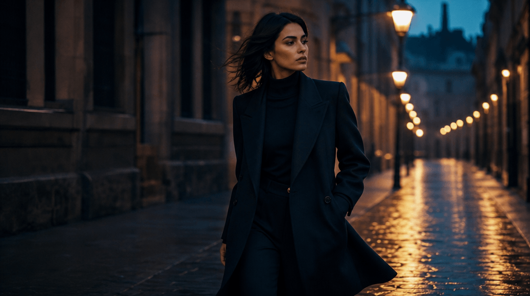 Cinematic fashion video still frame: a model in a structured dark coat mid-stride along a wet cobblestone street at blue