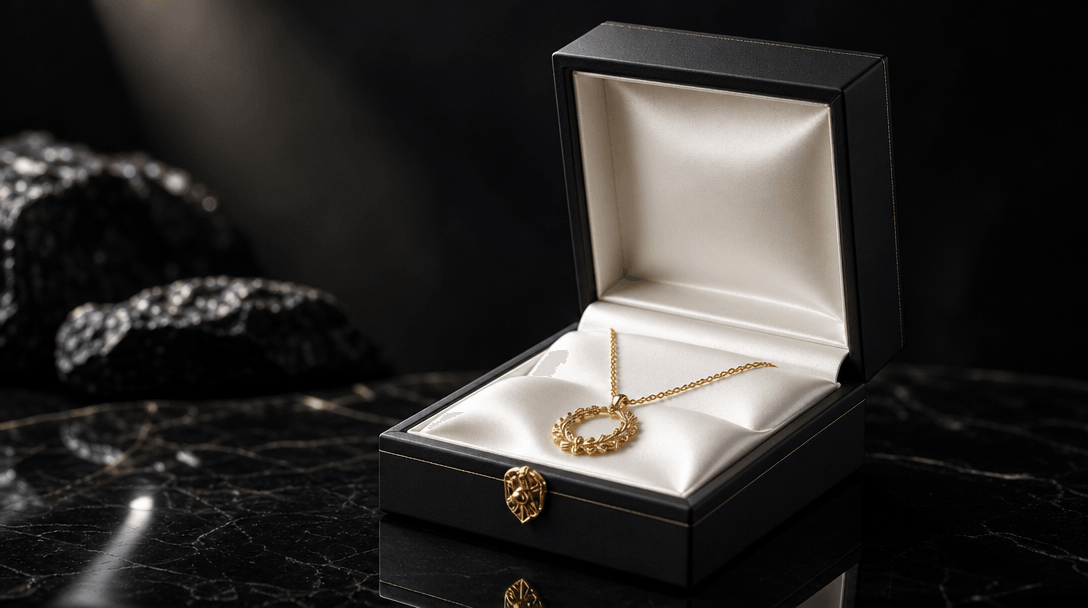 Matte black luxury jewelry box with gold foil detail rests on a polished obsidian surface, a soft directional spotlight 
