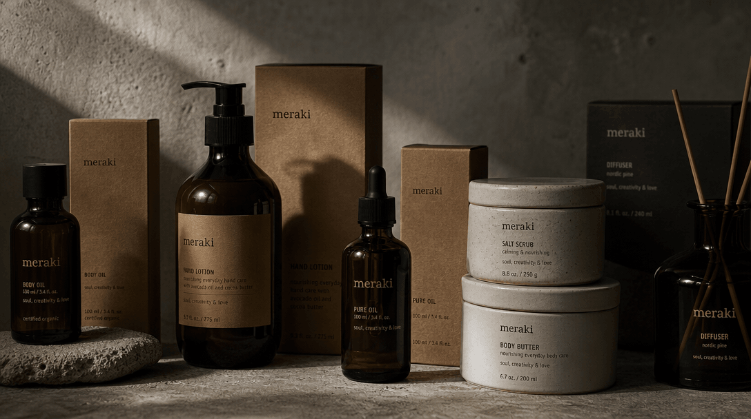 Editorial product arrangement: dark amber glass bottles, matte kraft boxes, and ceramic jars displayed on a textured con