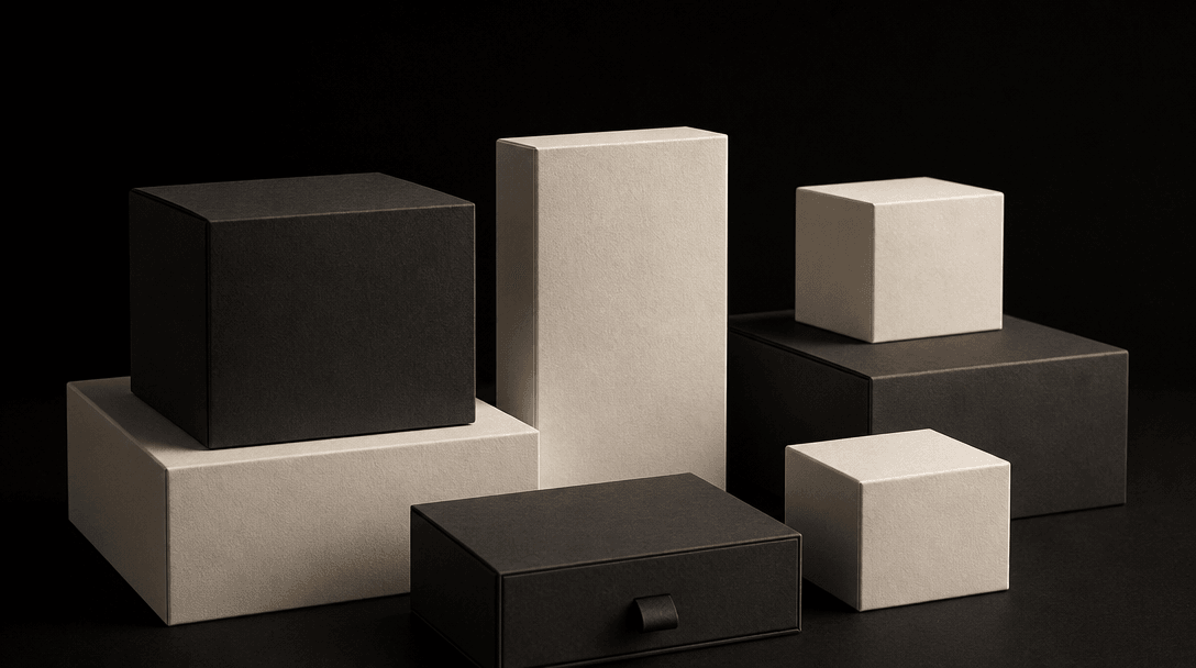 Minimalist arrangement of matte product boxes in off-white and charcoal tones on a near-black background, soft warm raki