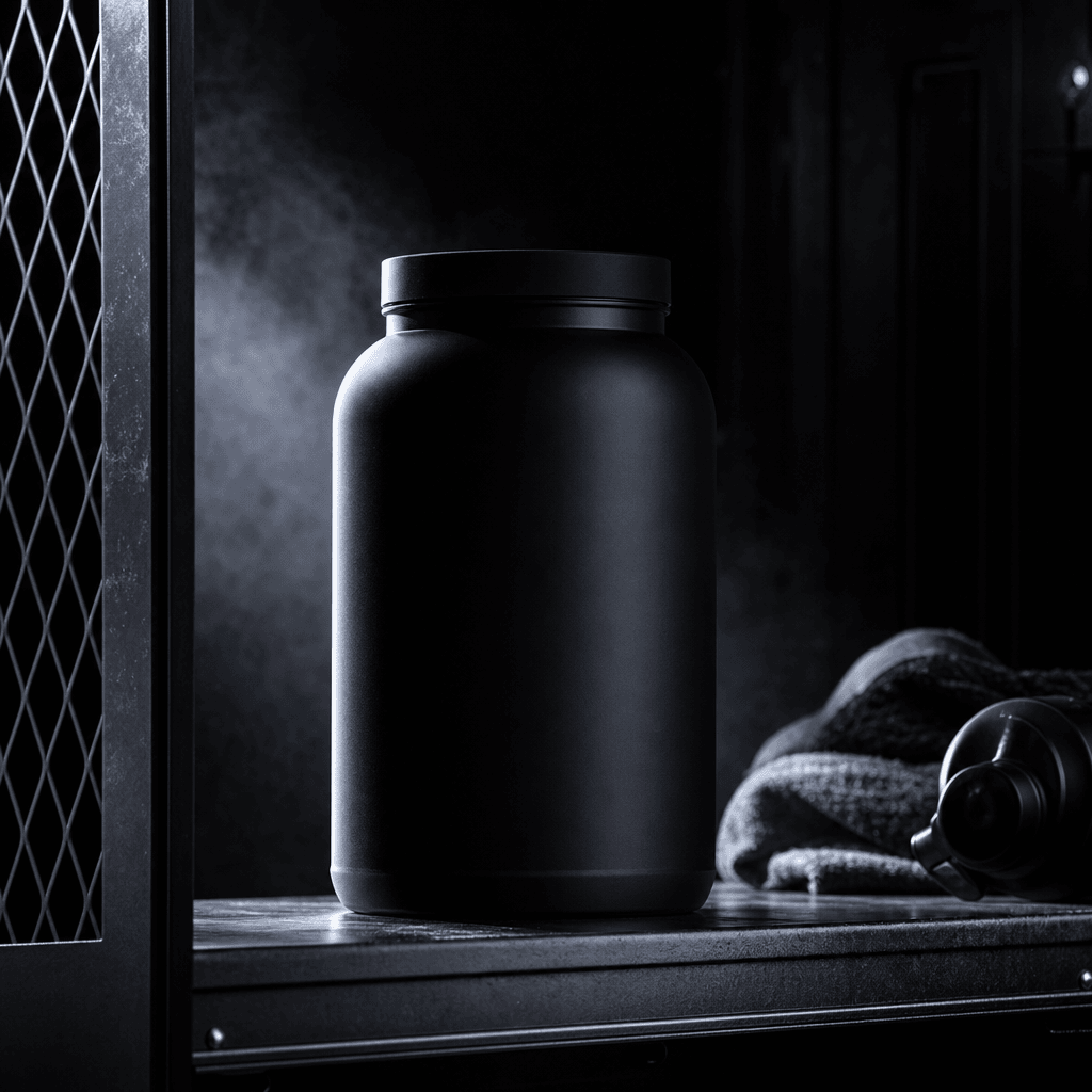 A premium matte black supplement canister on a dark metal locker shelf, dramatic cool-white side lighting with a sharp e
