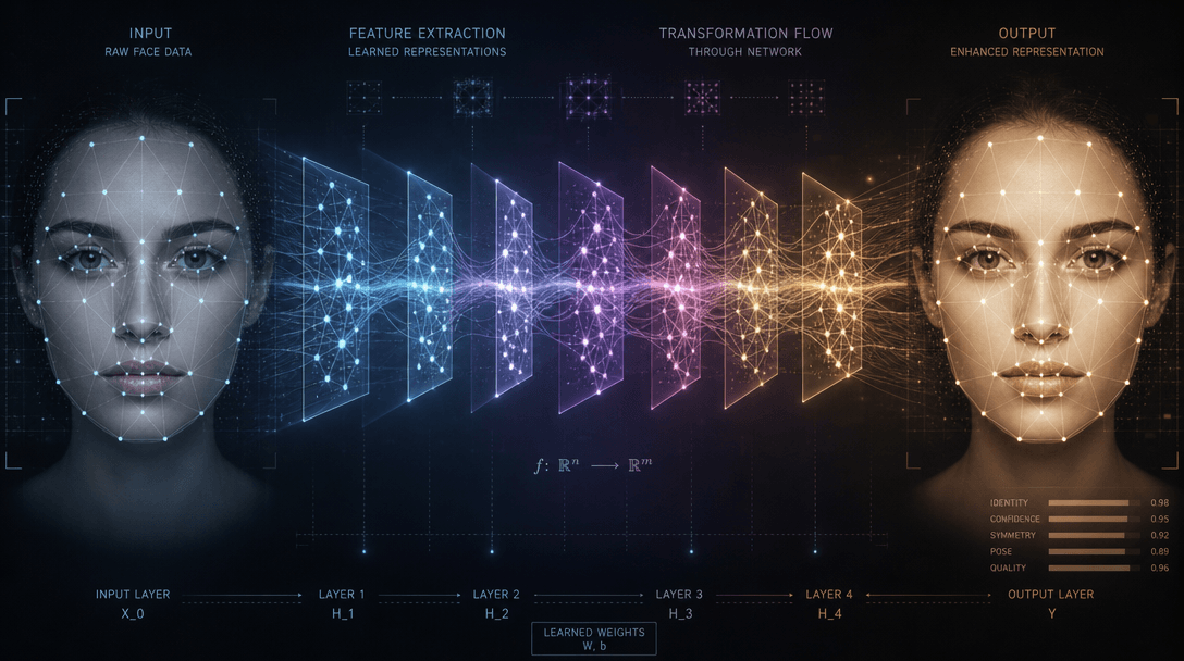 Neural network visualization concept with overlaid feature points on face showing transformation flow. Soft glow effects